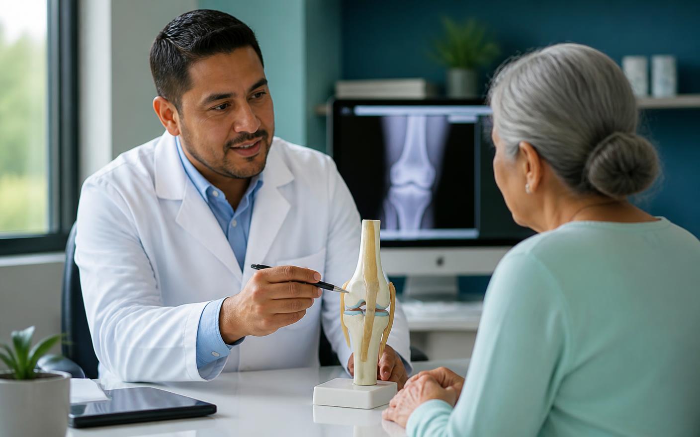 Dr. Álvaro Sánchez explicando a una paciente el tratamiento de rodilla con un modelo anatómico en su consultorio de San Salvador.